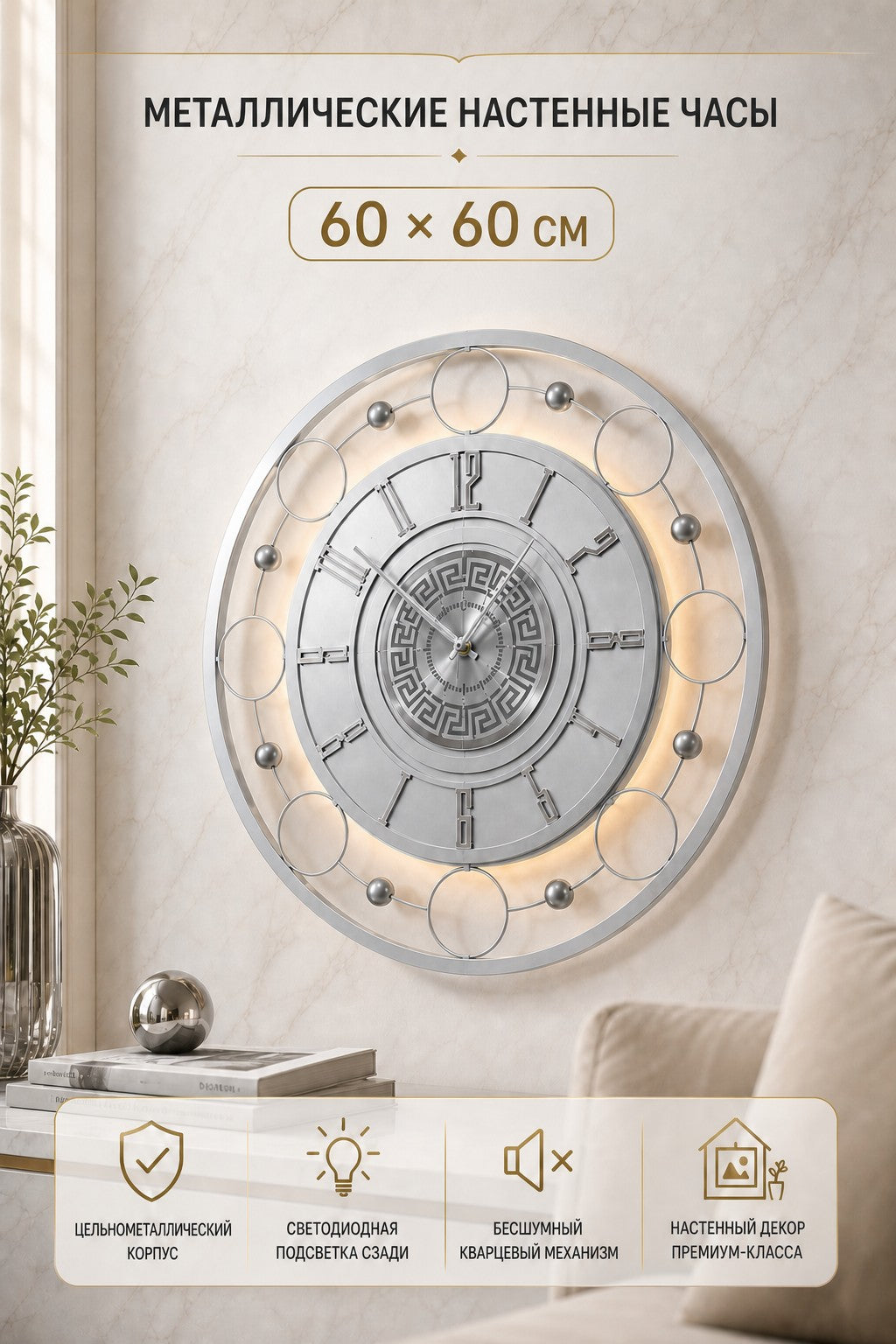 Orvasco Aurelia Halo 60 LED Wall Clock in Silver finish