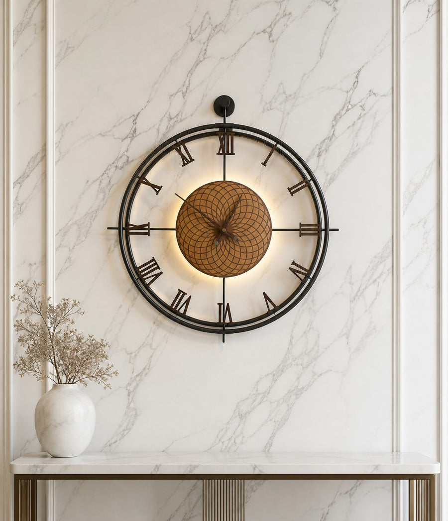 Orvasco Imperium Halo Illuminated Metal Wall Clock, 60 cm (23.6 in) in Walnut / Gold finish