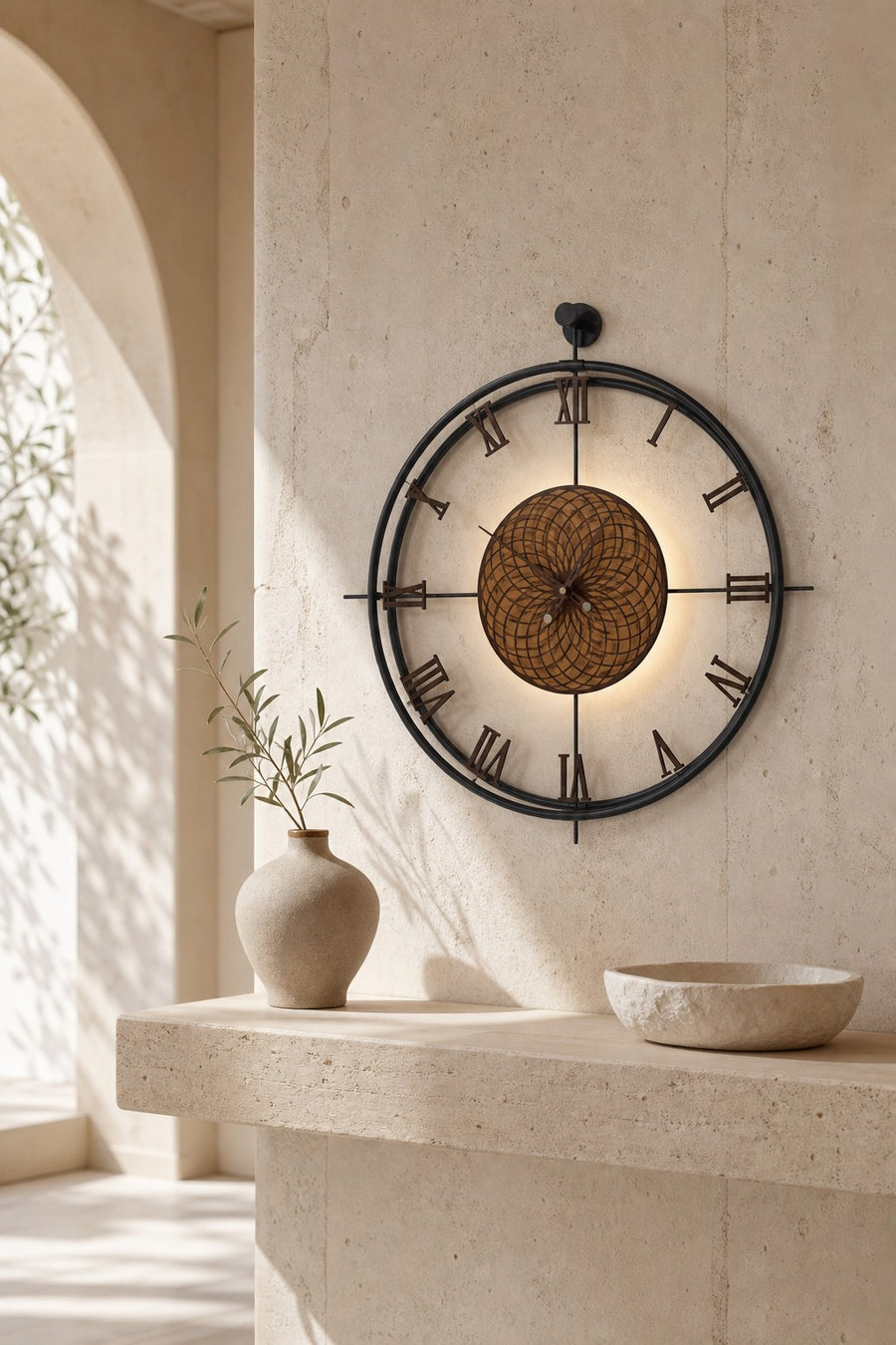 Orvasco Imperium Halo Illuminated Metal Wall Clock, 60 cm (23.6 in) in Walnut / Gold finish