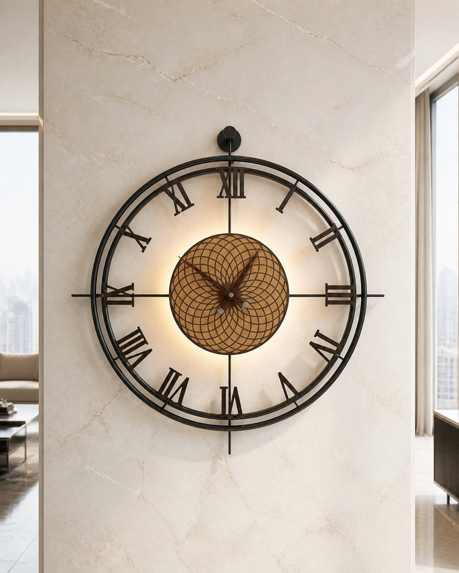 Orvasco Imperium Halo Illuminated Metal Wall Clock, 60 cm (23.6 in) in Walnut / Gold finish