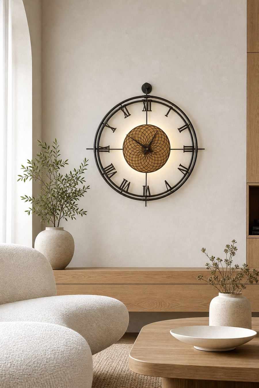 Orvasco Imperium Halo Illuminated Metal Wall Clock, 60 cm (23.6 in) in Walnut / Gold finish