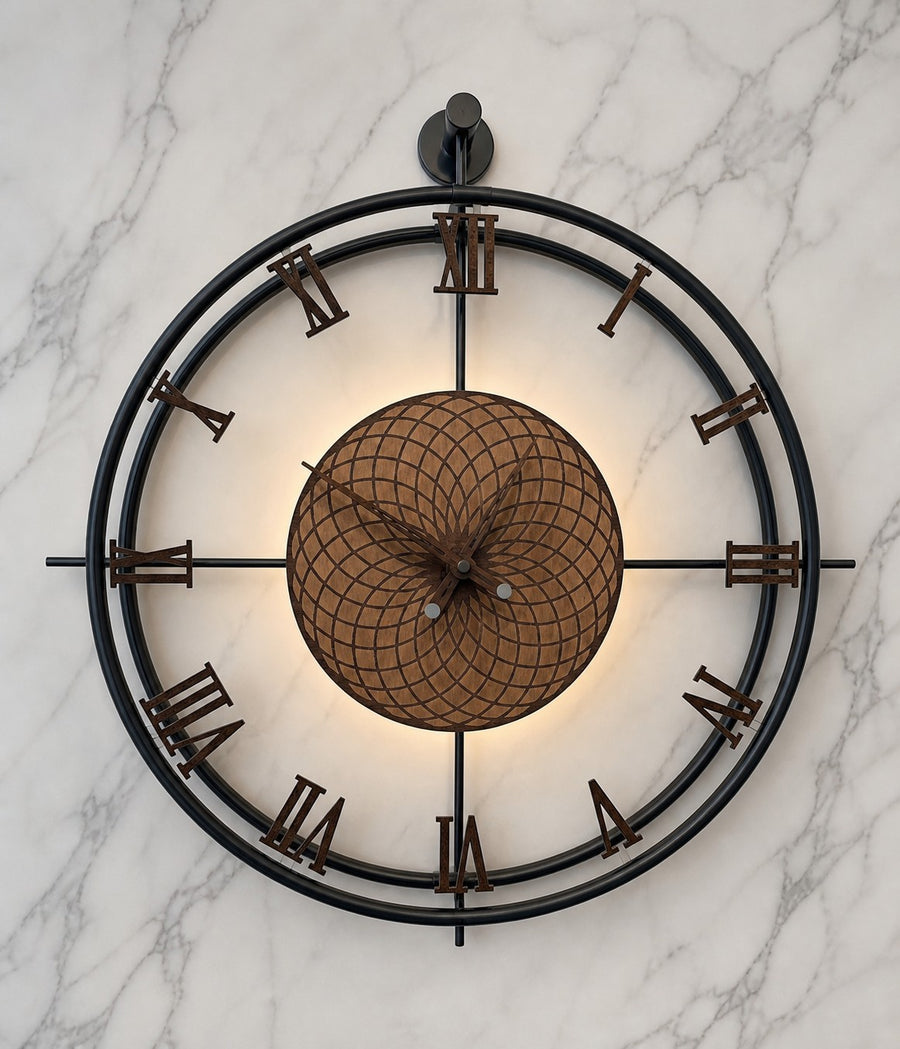 Orvasco Imperium Halo Illuminated Metal Wall Clock, 60 cm (23.6 in) in Walnut / Gold finish