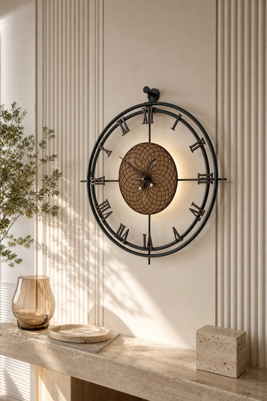 Orvasco Imperium Halo Illuminated Metal Wall Clock, 60 cm (23.6 in) in Walnut / Gold finish