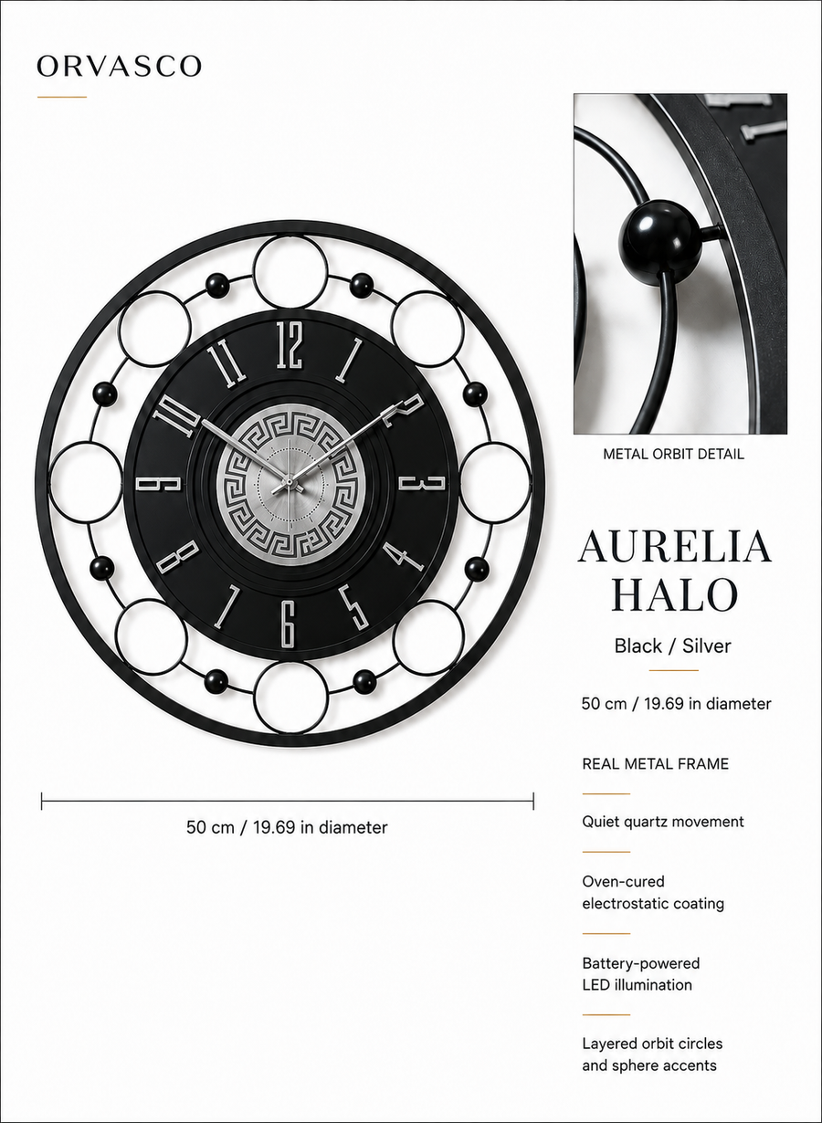 Orvasco Aurelia Halo Illuminated Metal Wall Clock, 60 cm