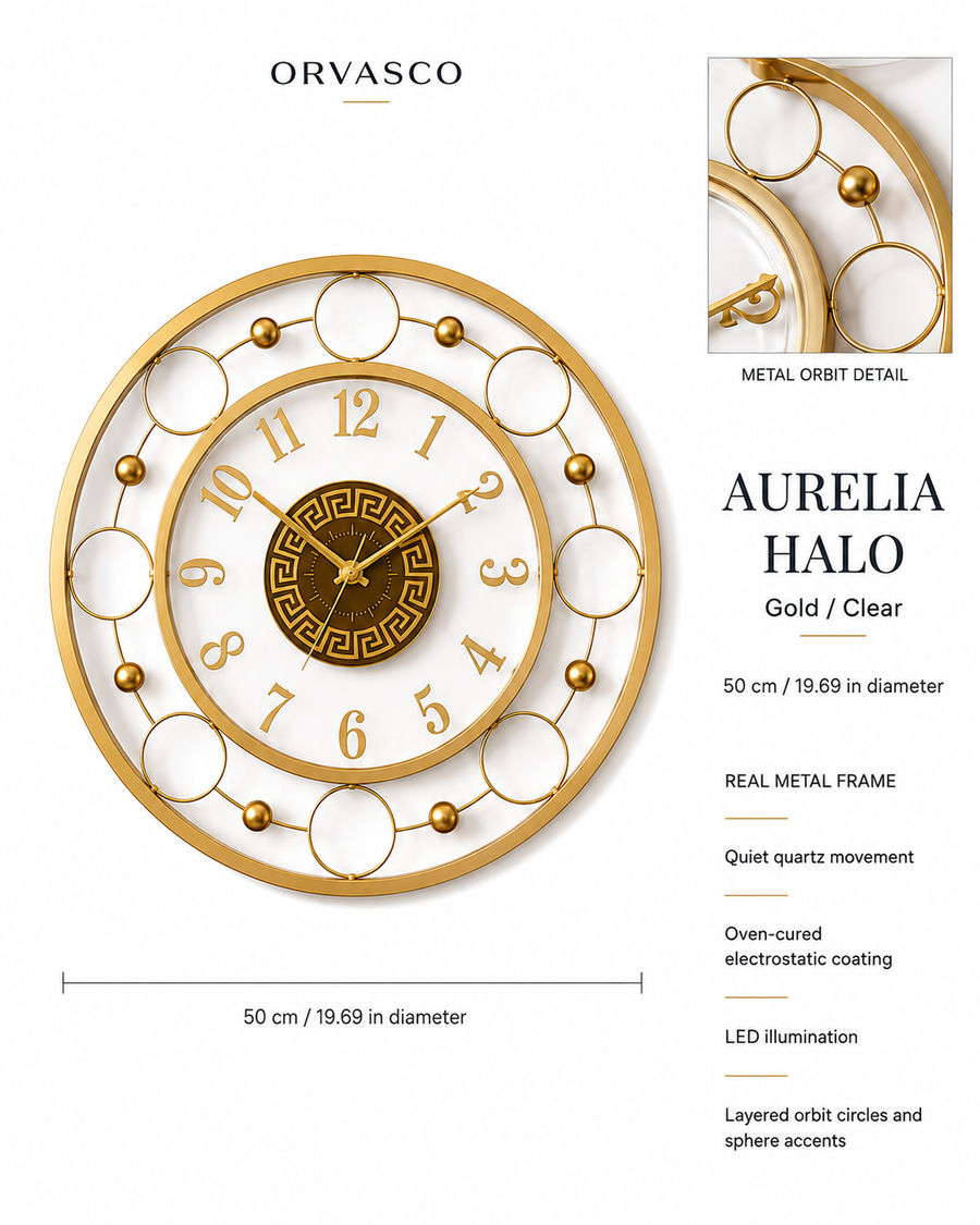 Orvasco Aurelia Halo Illuminated Metal Wall Clock, 60 cm