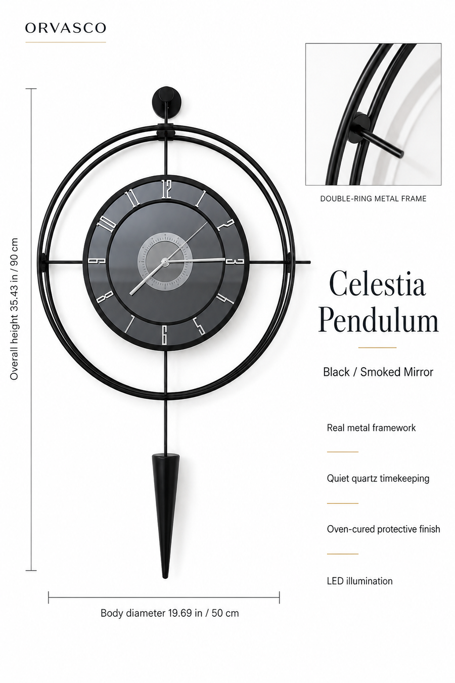 Orvasco Celestia Pendulum Illuminated Metal Wall Clock, 50 cm