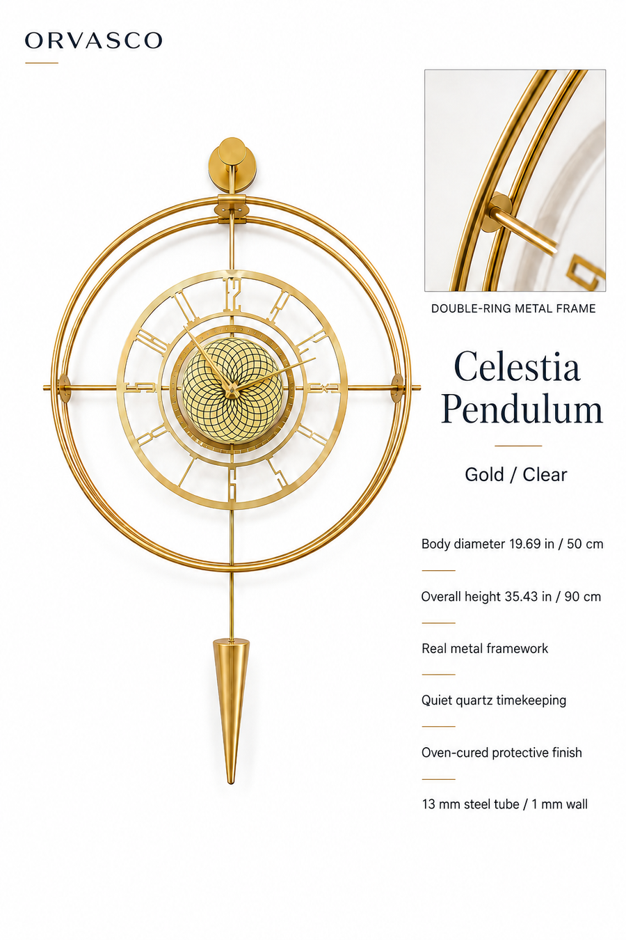 Orvasco Celestia Pendulum Illuminated Metal Wall Clock, 50 cm