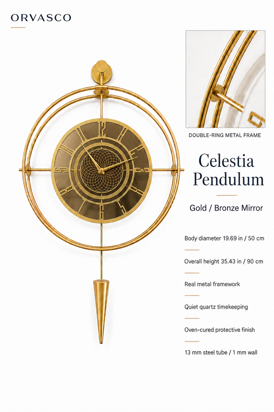 Orvasco Celestia Pendulum Illuminated Metal Wall Clock, 50 cm