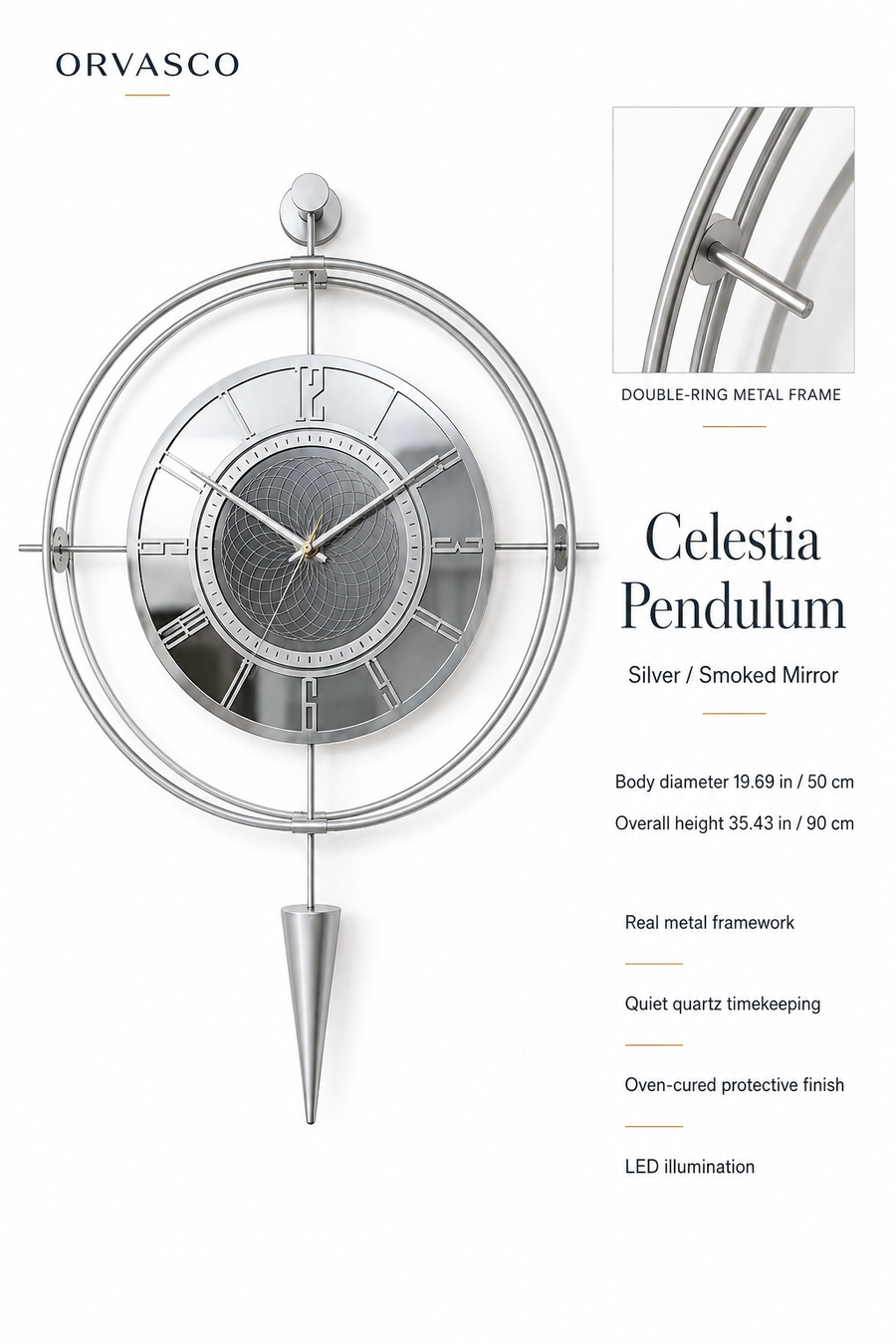 Orvasco Celestia Pendulum Illuminated Metal Wall Clock, 50 cm
