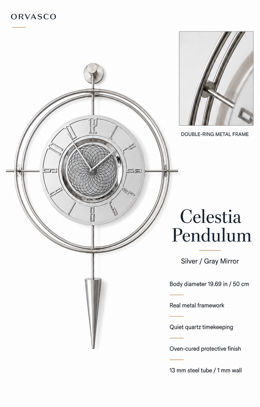 Orvasco Celestia Pendulum Illuminated Metal Wall Clock, 50 cm