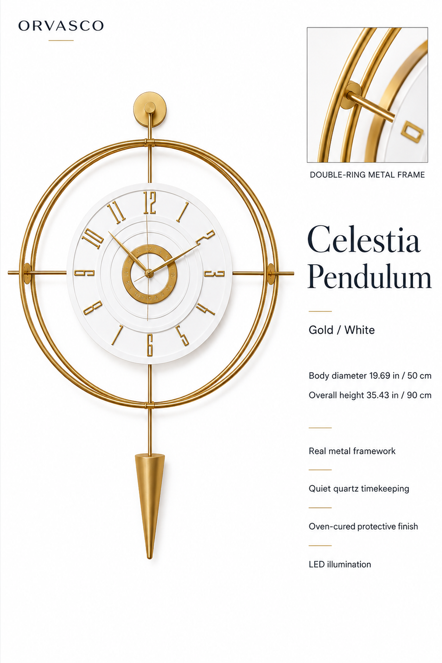 Orvasco Celestia Pendulum Illuminated Metal Wall Clock, 50 cm