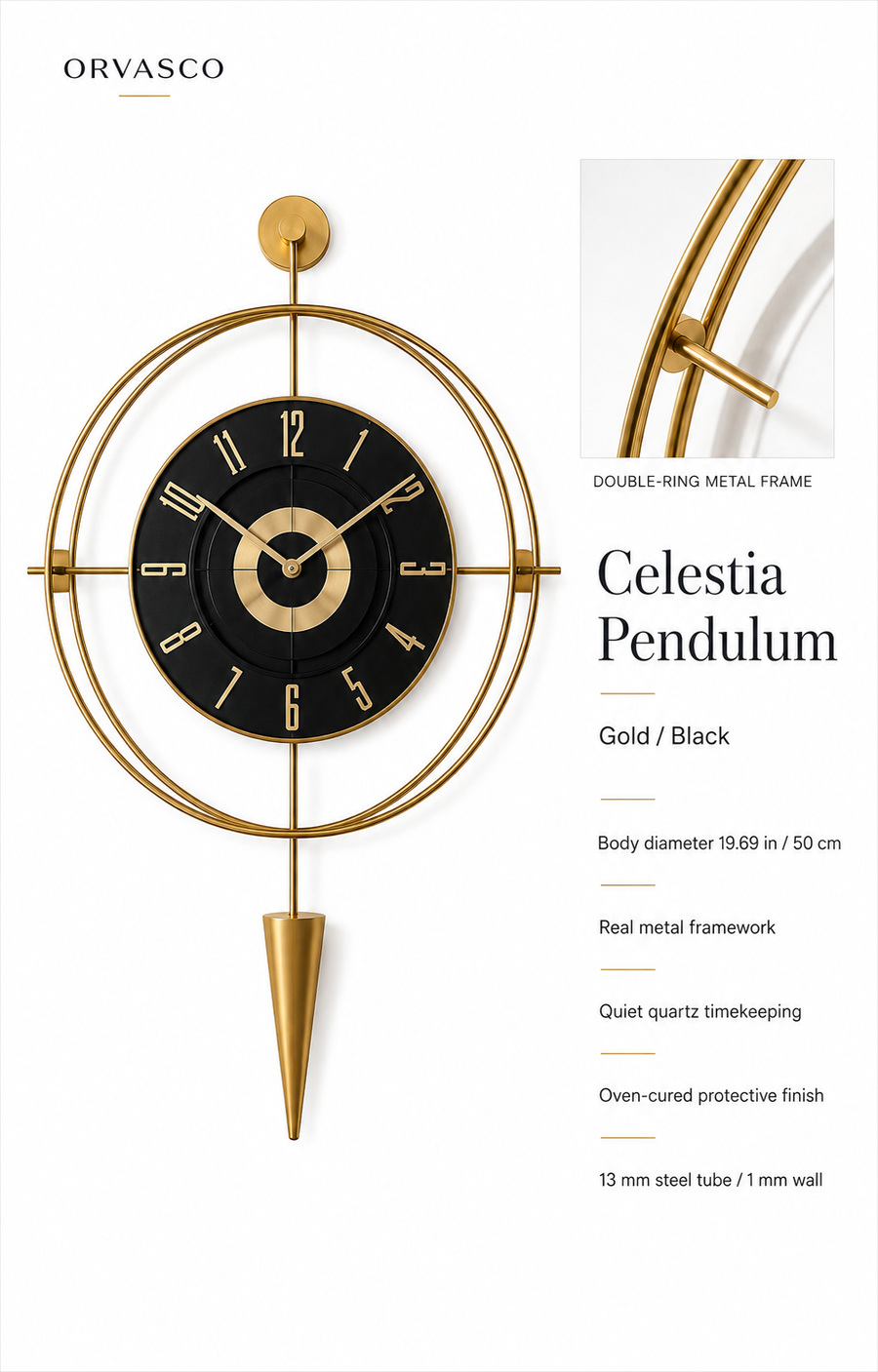 Orvasco Celestia Pendulum Illuminated Metal Wall Clock, 50 cm