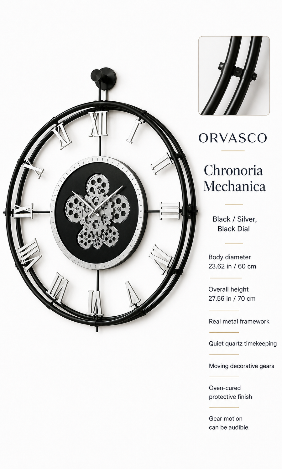 Orvasco Chronoria Mechanica Designer Metal Wall Clock, 60 cm