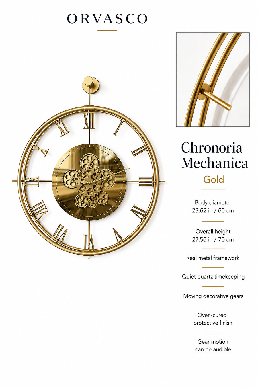 Orvasco Chronoria Mechanica Designer Metal Wall Clock, 60 cm