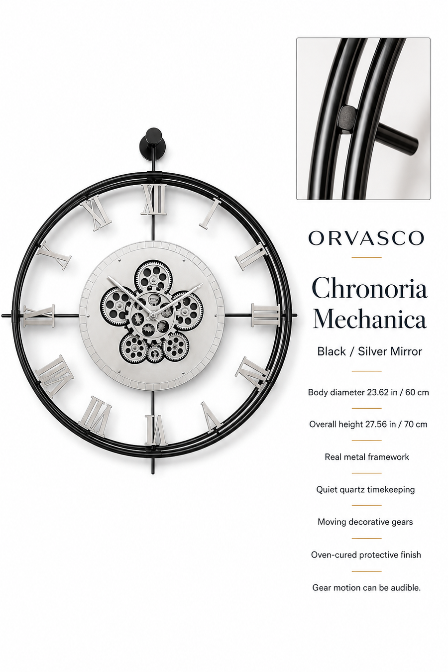 Orvasco Chronoria Mechanica Designer Metal Wall Clock, 60 cm