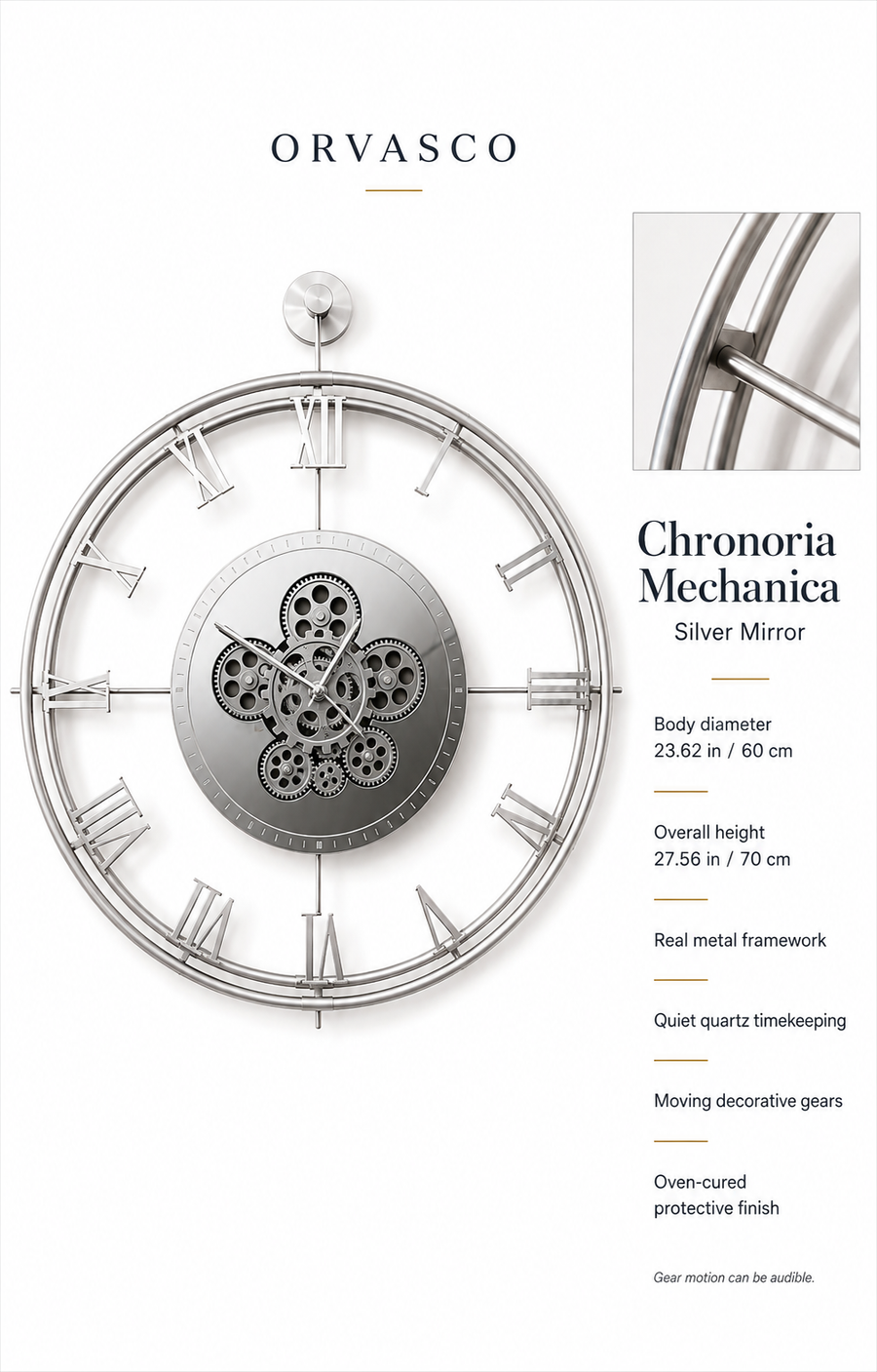 Orvasco Chronoria Mechanica Designer Metal Wall Clock, 60 cm
