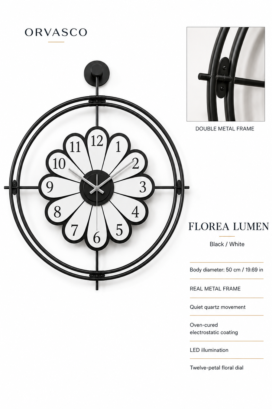 Orvasco Florea Lumen Illuminated Metal Wall Clock, 60 cm