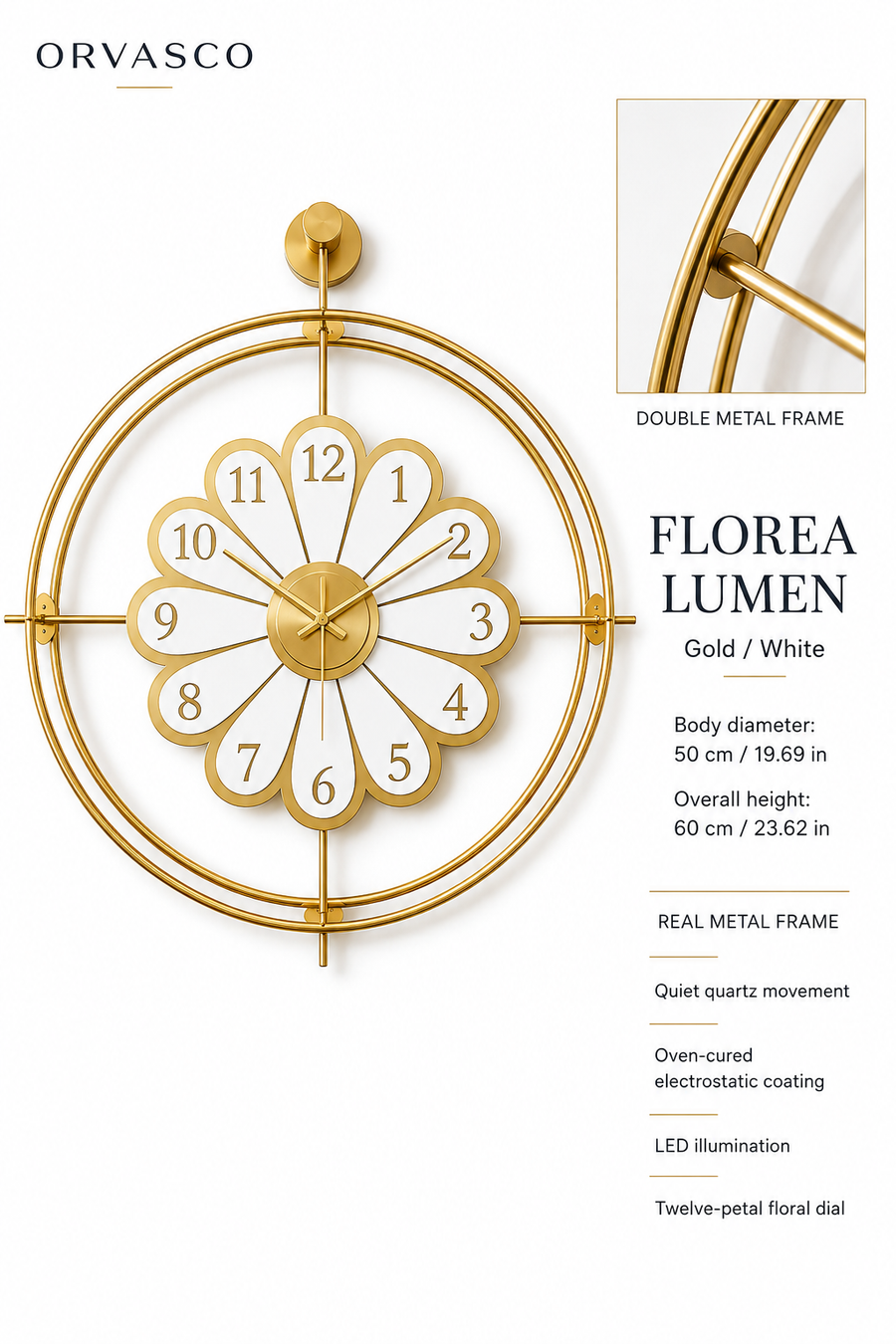 Orvasco Florea Lumen Illuminated Metal Wall Clock, 60 cm