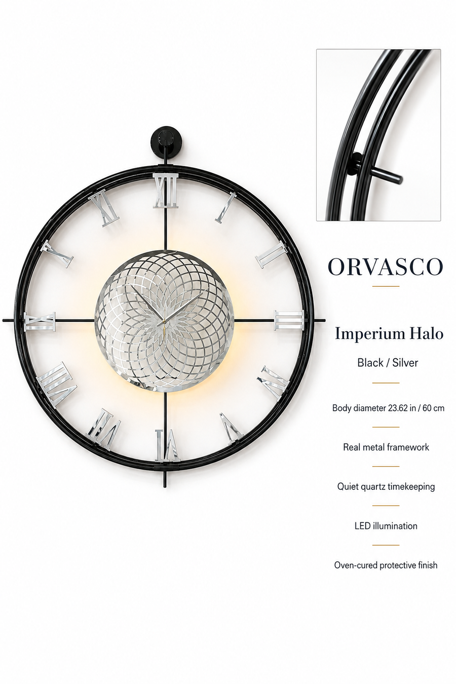 Orvasco Imperium Halo Illuminated Metal Wall Clock, 60 cm