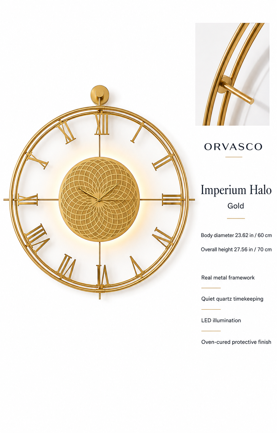 Orvasco Imperium Halo Illuminated Metal Wall Clock, 60 cm