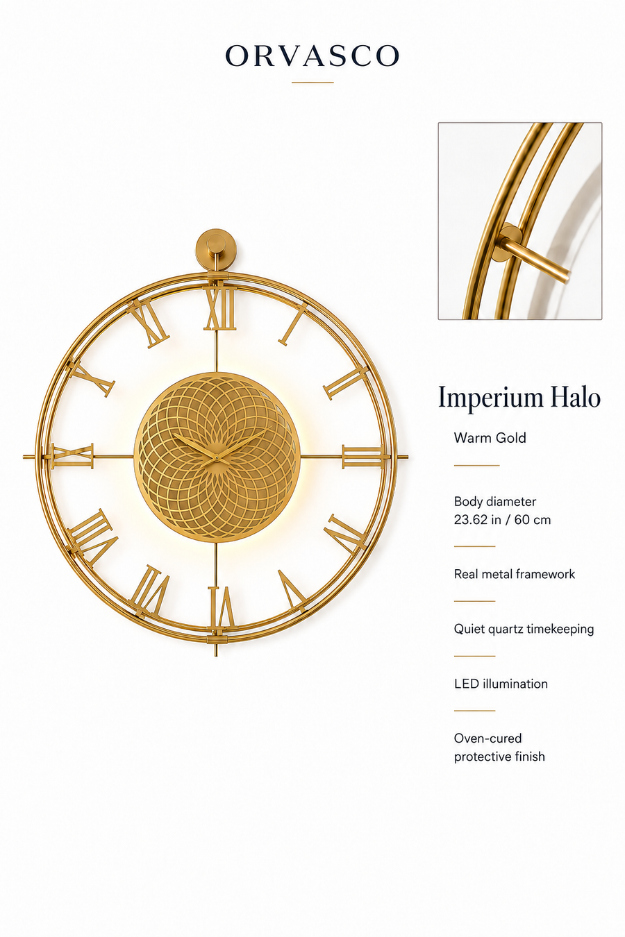 Orvasco Imperium Halo Illuminated Metal Wall Clock, 60 cm