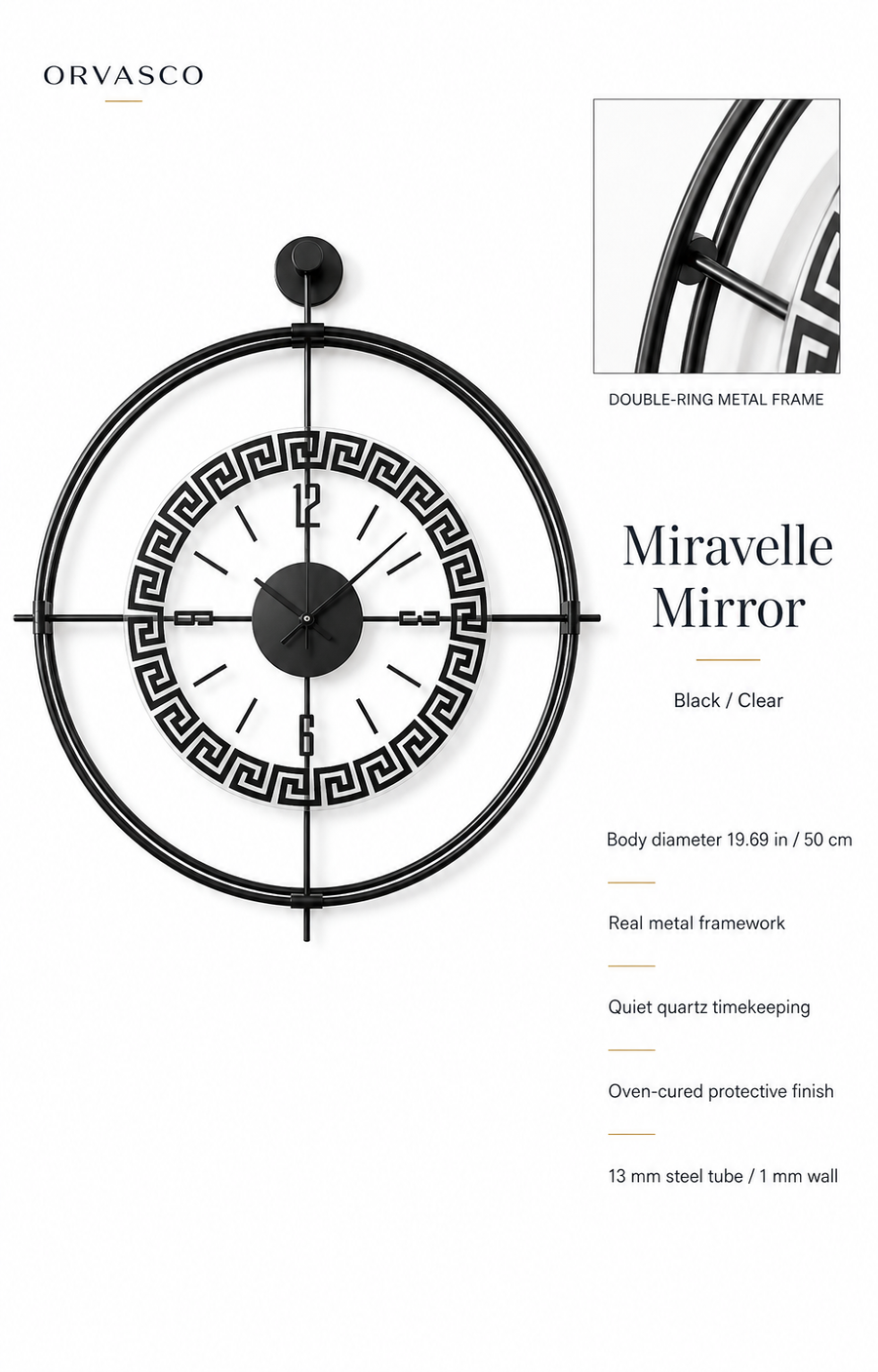 Orvasco Miravelle Mirror Illuminated Metal Wall Clock, 50 cm