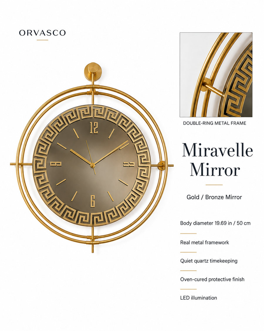Orvasco Miravelle Mirror Illuminated Metal Wall Clock, 50 cm