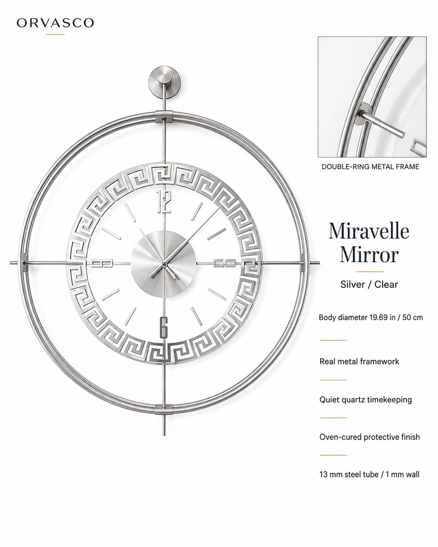 Orvasco Miravelle Mirror Illuminated Metal Wall Clock, 50 cm