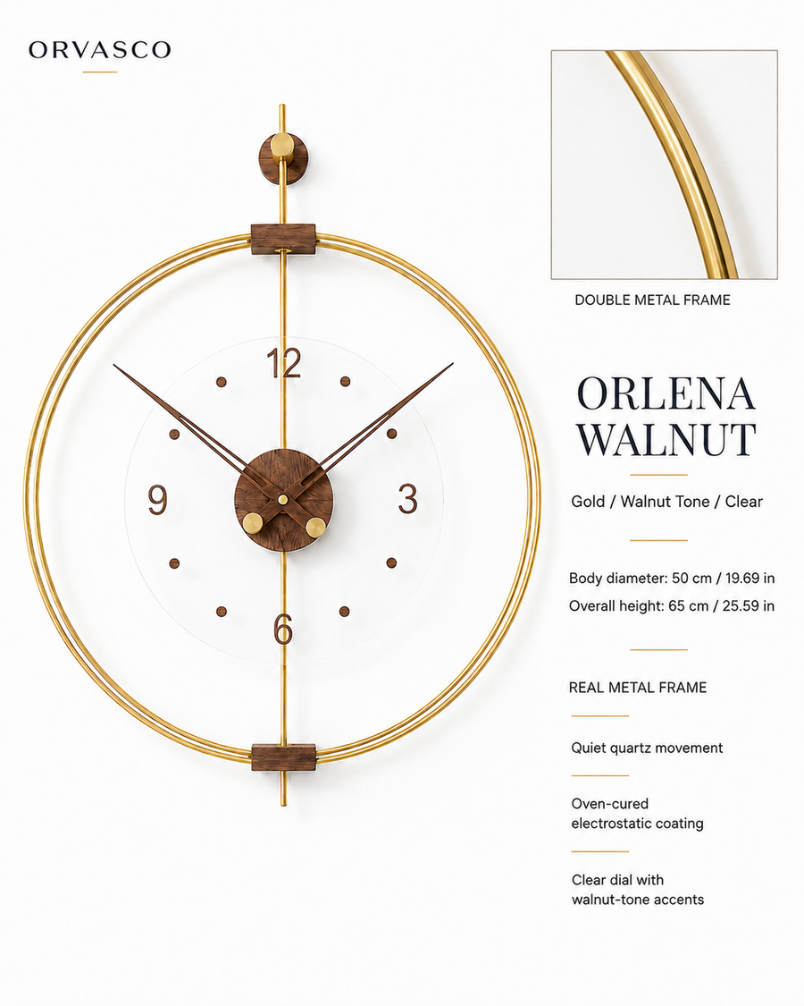 Orvasco Orlena Walnut Designer Metal Wall Clock, 50 cm