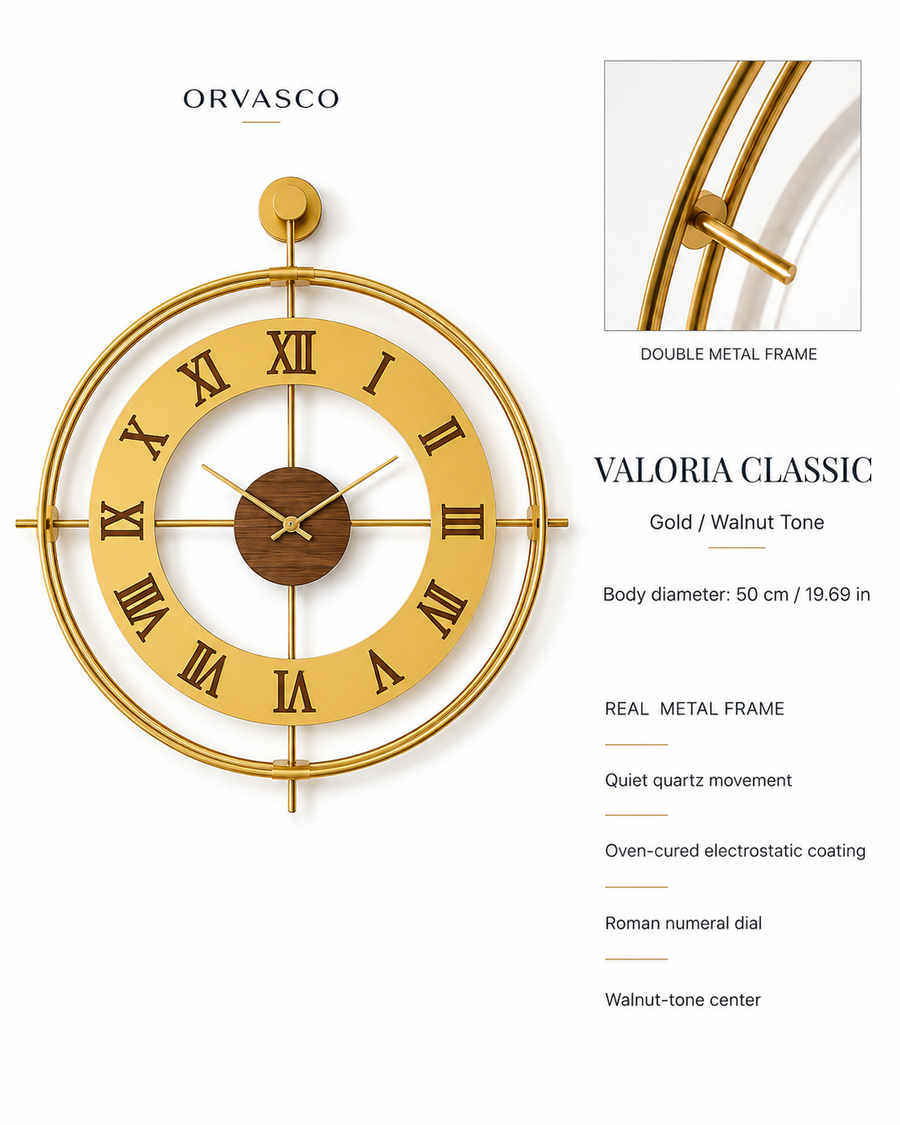 Orvasco Valoria Classic Designer Metal Wall Clock, 50 cm