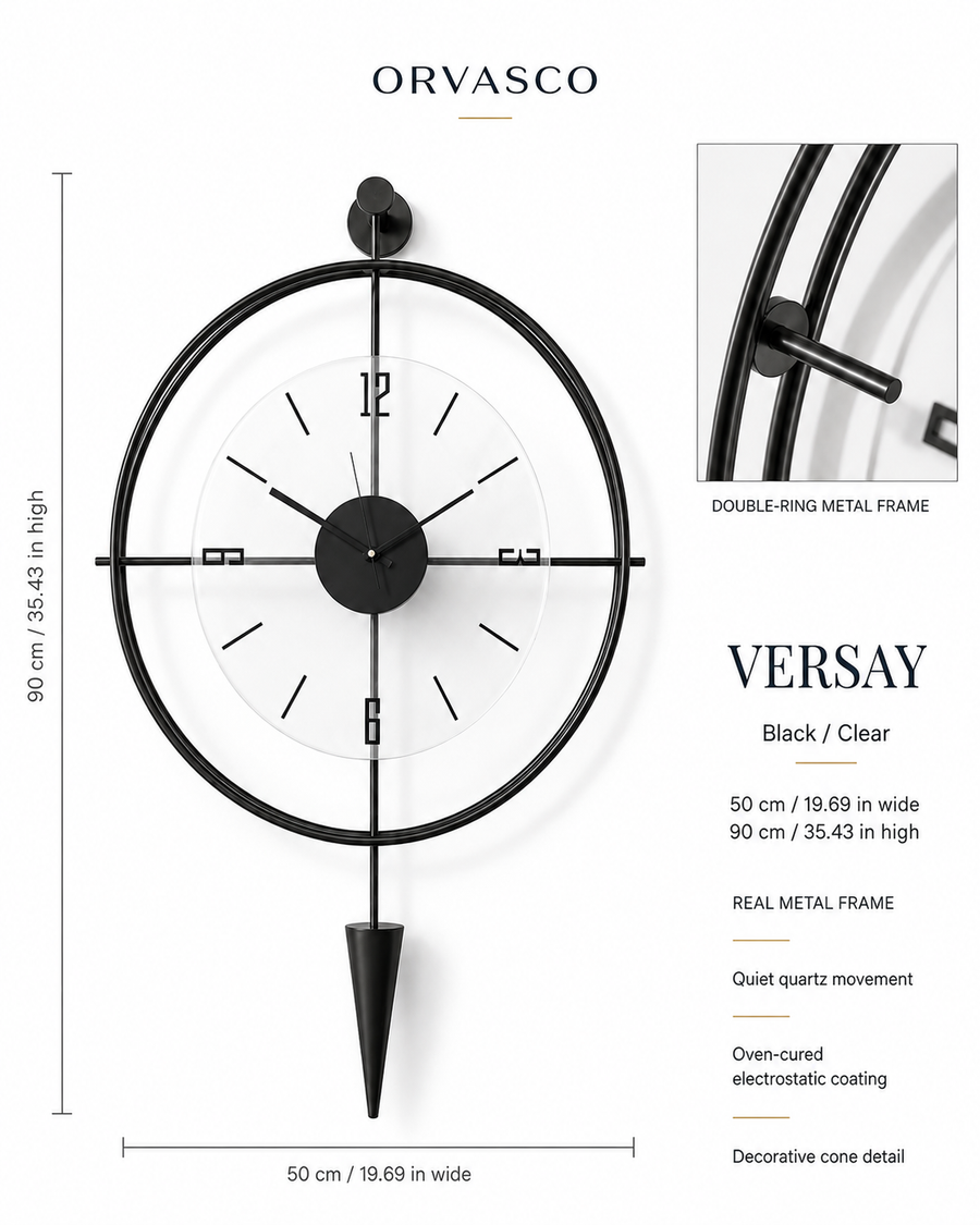 Orvasco Versay Pendulum Metal Wall Clock, 50 × 90 cm